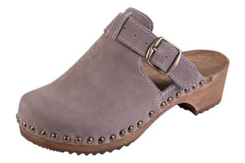 Buxa PE15 Damen Clogs Leder Schuhe aus Holz, Holzclogs Pantolette, Holz Sohle (Grau, EU Schuhgrößensystem, Erwachsene, Damen, Numerisch, M, 41) von Buxa