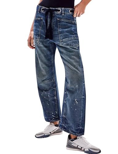 Barrel Jeans für Damen, trendig, niedrige Taille, Kordelzug, Baggy-Jeans, Vintage-Hose, lässig, weites Bein, Hufeisen, Demin mit Taschen, Zeitloses Blau, Groß Barrel Jeans für Damen, trendig, niedrige Taille, Kordelzug, Baggy-Jeans, Vintage-Hose, lässig, weites Bein, Hufeisen, Demin mit Taschen, Zeitloses Blau, Groß von Buxitt