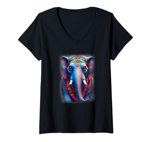 Damen Heiliger Elefant Design T-Shirt mit V-Ausschnitt von Buy Cool Shirts
