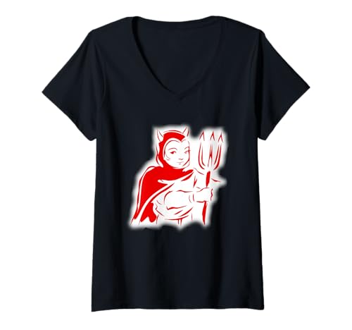 Damen Neugieriger Kleiner roter Teufel T-Shirt mit V-Ausschnitt von Buy Cool Shirts