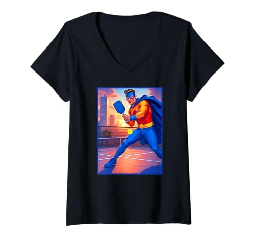 Damen Pickleball Man Superheld T-Shirt mit V-Ausschnitt von Buy Cool Shirts