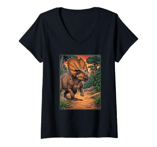 Damen Protoceratops Dinosaurier T-Shirt mit V-Ausschnitt von Buy Cool Shirts