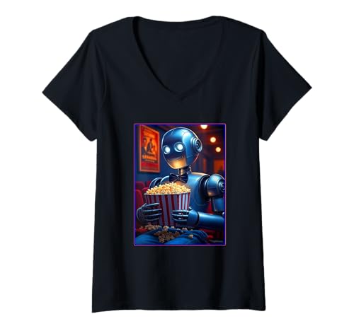 Damen Roboter lieben Popcorn T-Shirt mit V-Ausschnitt von Buy Cool Shirts