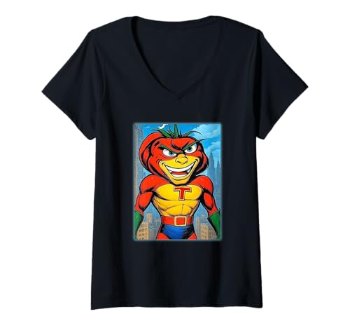 Damen Tomato Man Veggie Superheld T-Shirt mit V-Ausschnitt von Buy Cool Shirts