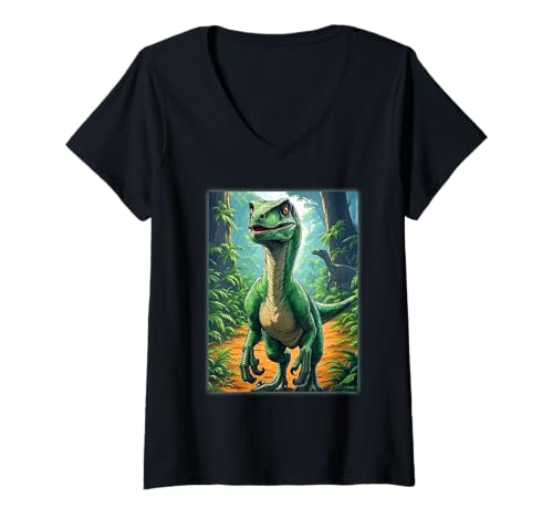 Damen Velociraptor Dinosaurier T-Shirt mit V-Ausschnitt von Buy Cool Shirts