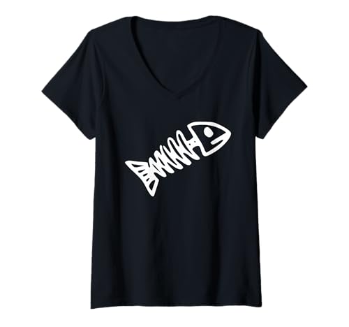 Damen Weißer Fischknochen T-Shirt mit V-Ausschnitt von Buy Cool Shirts