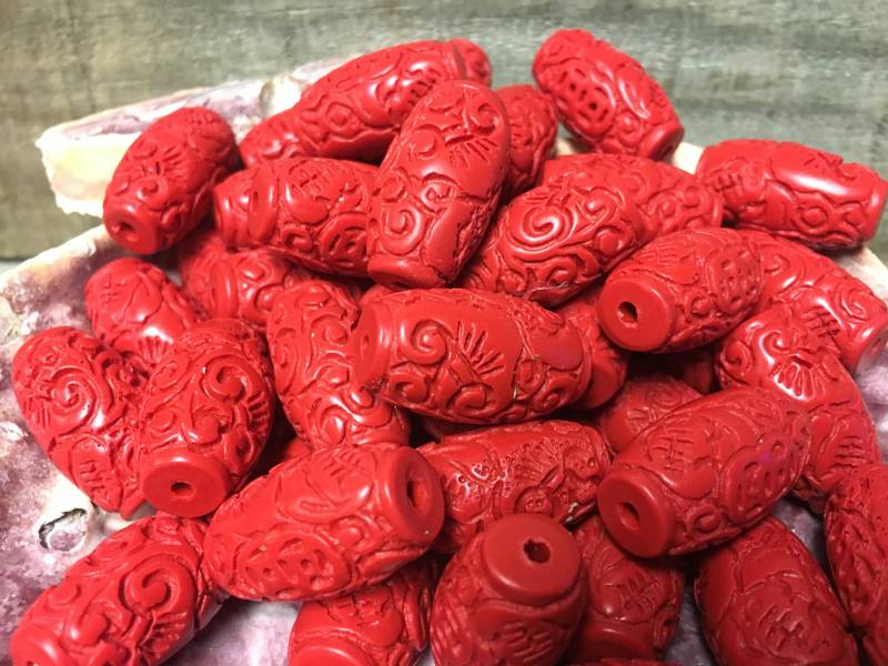 6 Stück Geschnitzte Zinnober Fass Perlen Blumen Diy Schmuck | 25x14x14mm von BuyAFairytale