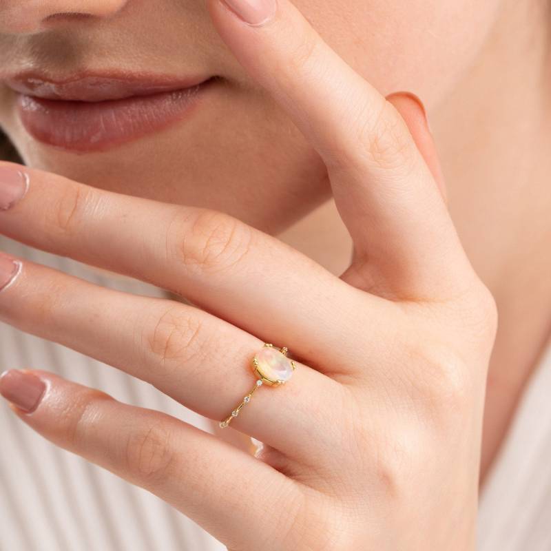 Opal Verlobungsring, Natürlicher Echter Ovaler Opal, Diamant, Massiver 14K 18K Roségelb Weißgold, Versprechen Jubiläumsring von BuyArtJewels