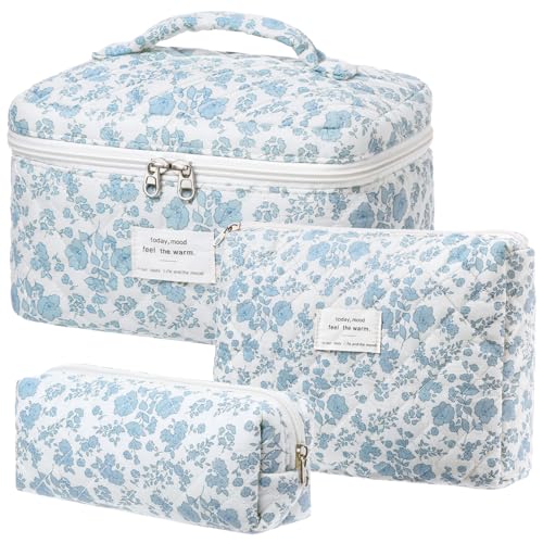 BuyCard Kosmetiktasche 3er Set,Gesteppte Kulturtasche, Kulturtasche Damen mit Blumenmuster,Tragbare Schminktasche für Reisen & Alltag | Make Up Tasche Frauen Mädchen. von BuyCard