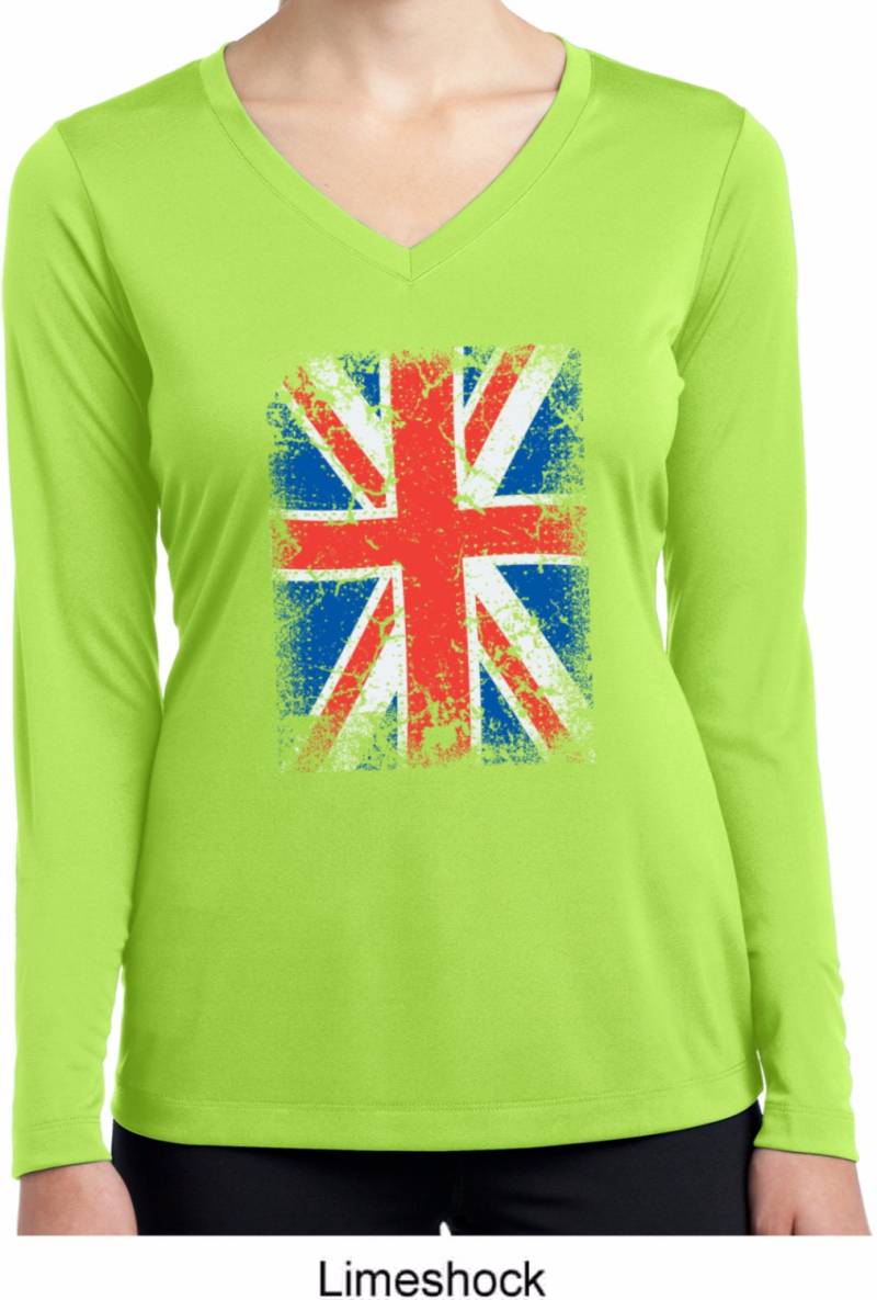 Beunruhigt Union Jack Damen Feuchtigkeitstransport V-Ausschnitt Langarm T-Shirt Unionjack-Lst353Ls von BuyCoolShirts