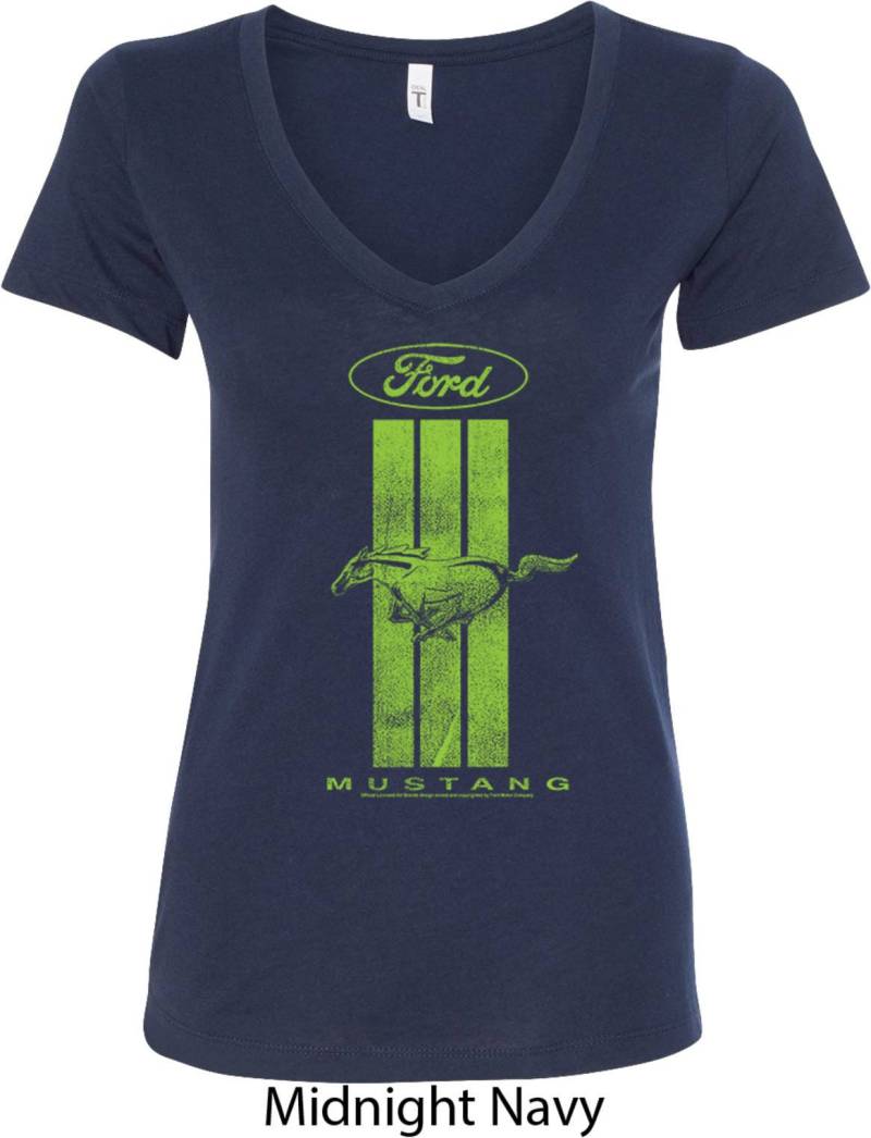 Damen Ford Green Mustang Stripe V-Neck Shirt 21529E2-N1540 von BuyCoolShirts