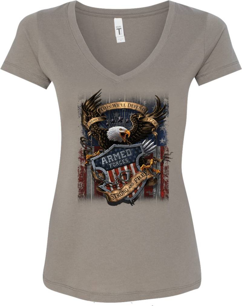 Damen Usa Streitkräfte Diese Wir Verteidigen Werden Seit 1775 Starke Und Kostenlose V-Ausschnitt Shirt 21951D2-N1540 von BuyCoolShirts