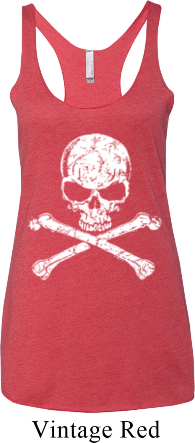 Damen Weiß Distressed Schädel Tri Blend Racerback Tank Top Ws-11656-Nl6733 von BuyCoolShirts