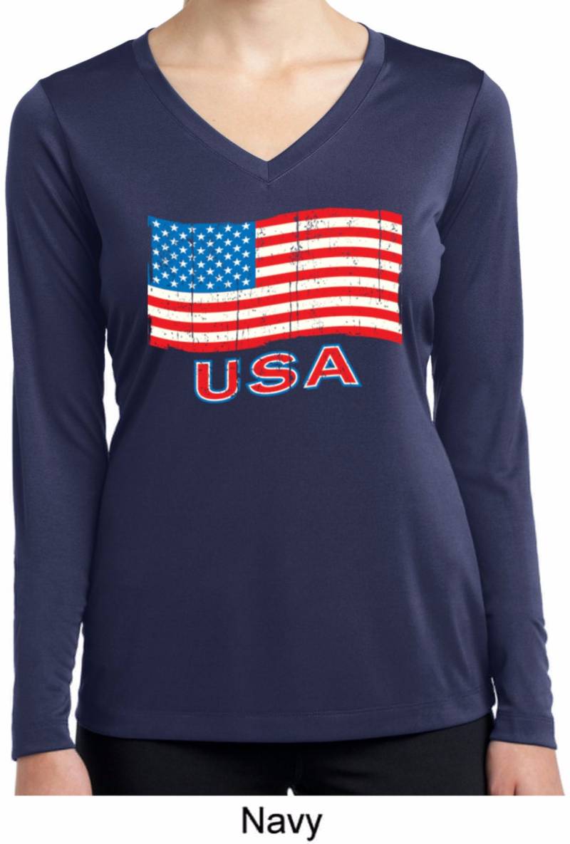 Distressed Usa Flagge Damen Feuchtigkeit Wicking V-Ausschnitt Langarm T-Shirt Xit-11515-Lst353Ls von BuyCoolShirts