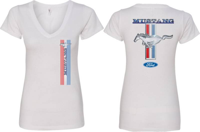 Ford Mustang Streifen Front & Rücken Print Damen V-Ausschnitt Shirt 13732D1-Fb-N1540 von BuyCoolShirts
