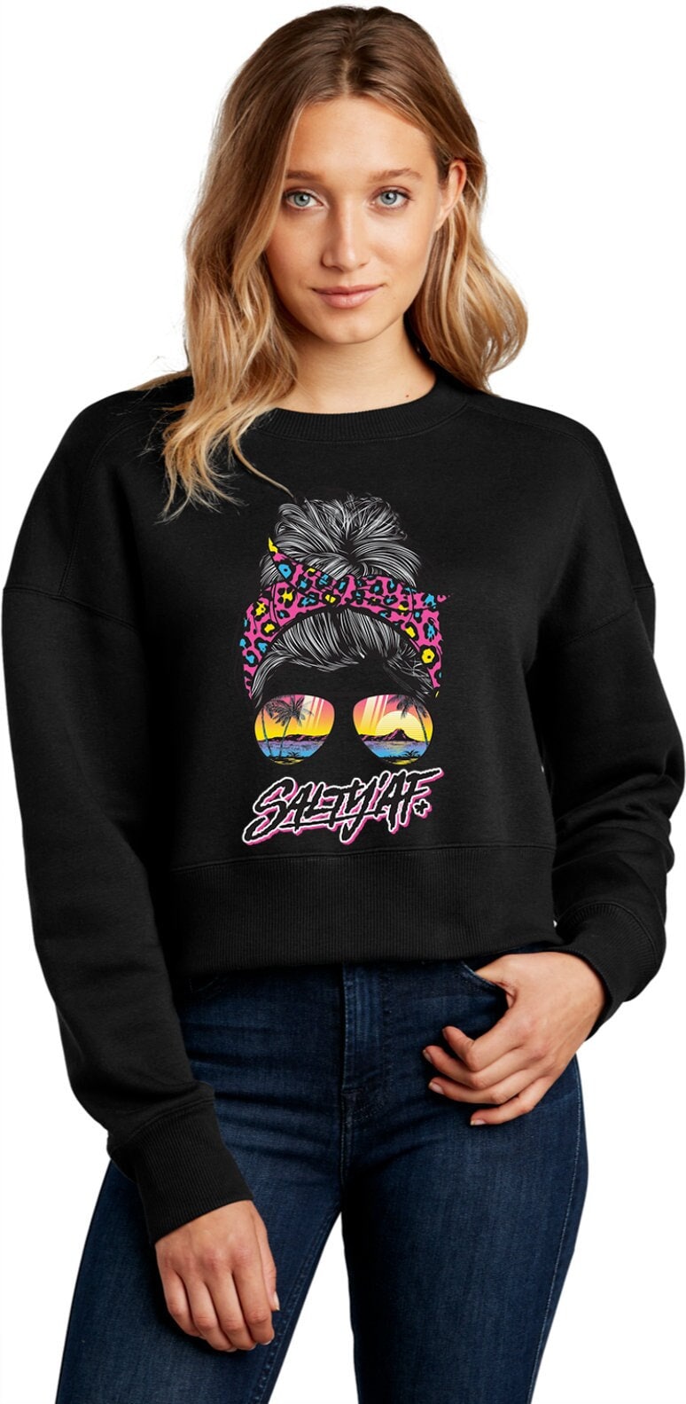 Messy Mom Bun Summer Sunset Beach Salty Af Frauen Perfektes Gewicht Fleece Cropped Crew Sweatshirt 24308Nbt4-Dt1105 von BuyCoolShirts