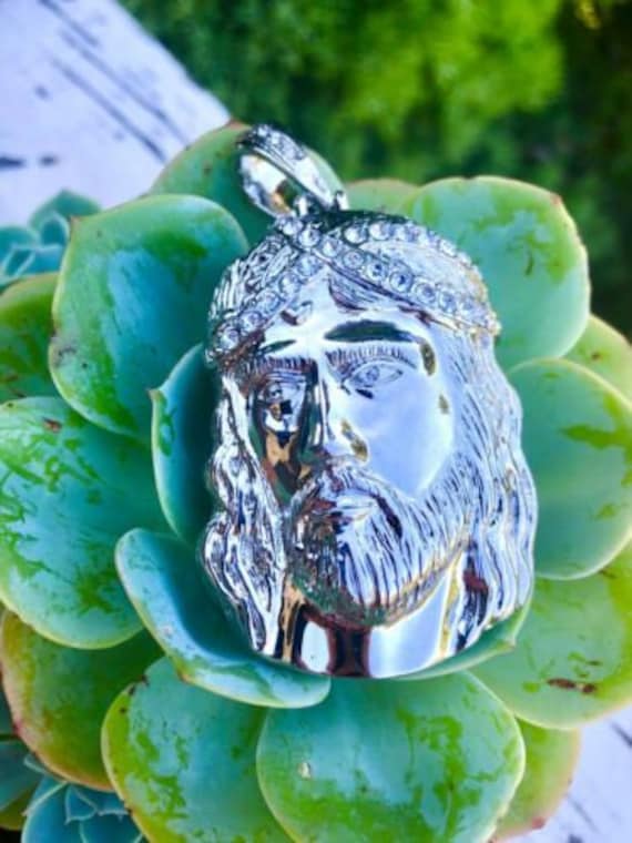 Großes Silber Überzogene Jesus-Gesicht-stück 3D Weiße Rhinestone-Religiöse 3 Unze Anhänger von BuyTheWayArtiques
