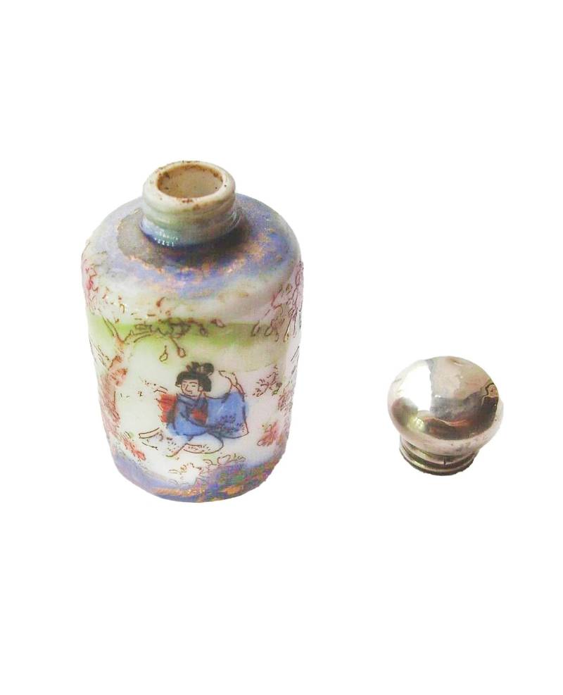 Antique Edwardian Age Handbemaltes Porzellan Silber Parfüm | Duftfläschchen. Chinoiserie Geisha Motiv. Birmingham Punziert von BuyfromGroovy