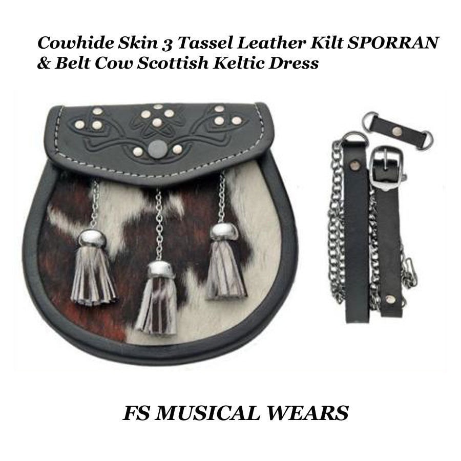 Rindsleder 3 Quastenleder Kilt Sporran & Gürtel Kuh Scottish Keltic Kleid Rindsleder 3 Quastenleder Kilt Sporran & Gürtel Kuh Scottish Keltic Kleid von Buymoremusic