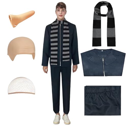 Buyoem Gru Kostüm schwarz grau gestreift Schal Zubehör Set Halloween Gru Cosplay Kostüm für Erwachsene Herren (Gru Kostümzubehör, L) von Buyoem