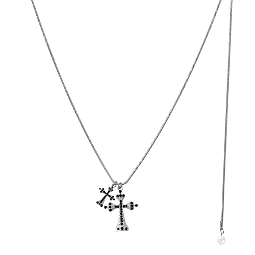 Buyongwant Kreuz-Halskette für Damen, Vintage-Stil, schwarzer Kreuz-Perlen-Anhänger, unregelmäßige Quasten, Y2K, Modeschmuck, Silber von Buyongwant