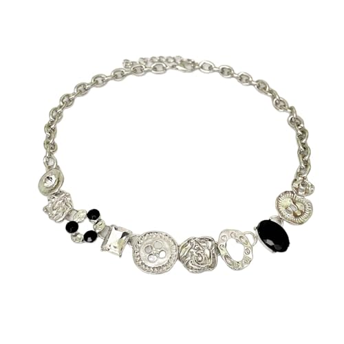 Buyongwant Unregelmäßige Halskette für Damen, Y2K-Knopf, kurze Halskette, Metall, süßer, cooler Retro-Anhänger, Schmuck, Silber von Buyongwant