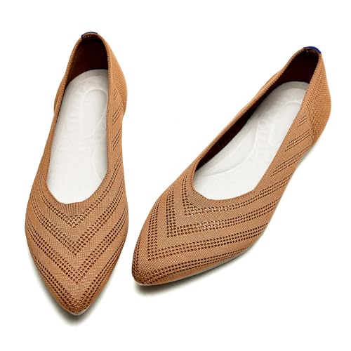 Buyrew Damen-Ballerinas, spitzer Zehenbereich, Strick, Schlupfschuh, Fußgewölbeunterstützung, bequeme Anzugschuhe für Damen, niedriger Keilabsatz, lässige Arbeitsschuhe, 3005 Brown, 37 EU von Buyrew