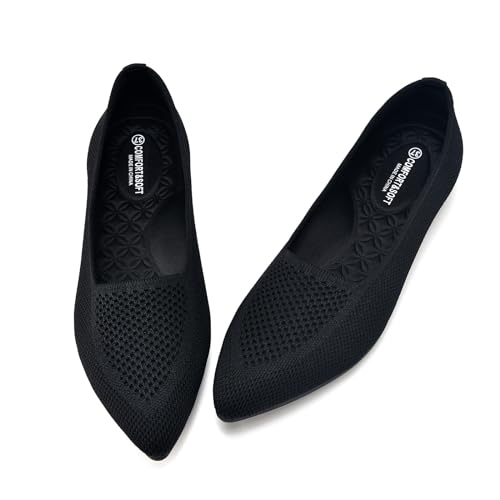 Buyrew Damen-Ballerinas, spitzer Zehenbereich, Strick, Schlupfschuh, Fußgewölbeunterstützung, bequeme Anzugschuhe für Damen, niedriger Keilabsatz, lässige Arbeitsschuhe, 3030 Schwarz, 36 EU von Buyrew