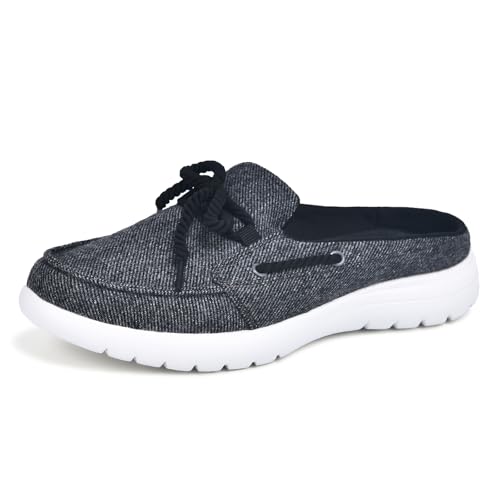 Buyrew Pantoletten für Damen, Schlupfschuhe, bequem, gestrickt, Leinen, flache Schuhe mit Fußgewölbeunterstützung, atmungsaktiv, Clogs, 3022 Dunkelgrau, 39.5 EU von Buyrew