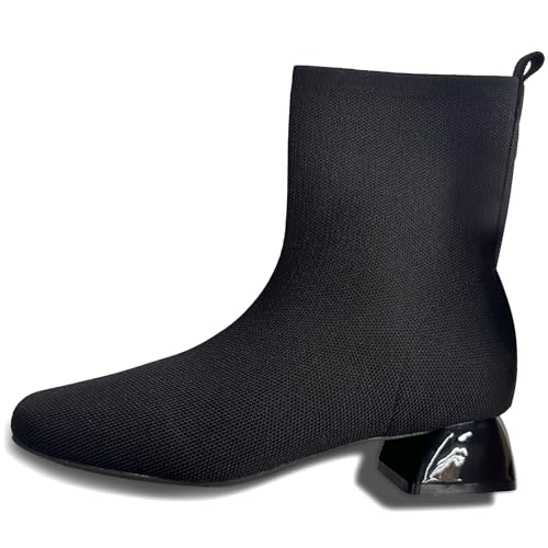 Damen Strickstiefeletten, grob, quadratischer Zehenbereich, Winterstiefel, Schlupfstiefel, niedriger Blockabsatz, breite Wadenschuhe, Chunky-deep Blue, 40 EU von Buyrew