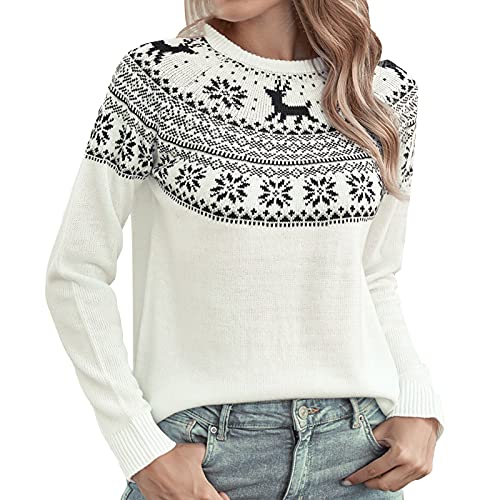 BuzkiK Schneeflocken Weihnachten Pullover Damen Rundhals Strickpullover Drucken Sweatshirt Sweater Herbst Winter Langarm Warm Outwear für Frauen von BuzkiK