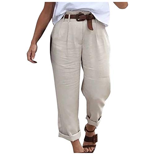 Hosen Damen Sommer Leinenhose Casual Loose Hose Einfarbig Basic Stoffhose Leicht Bequeme Freizeithose Strandhose GroßE GrößEn Atmungsaktive Gummibund Caprihose Pants Mit Tasche von BuzkiK