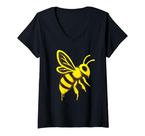 Damen Bee Graffiti Typografie Kunstwerk T-Shirt mit V-Ausschnitt Damen Bee Graffiti Typografie Kunstwerk T-Shirt mit V-Ausschnitt von BuzzStreet