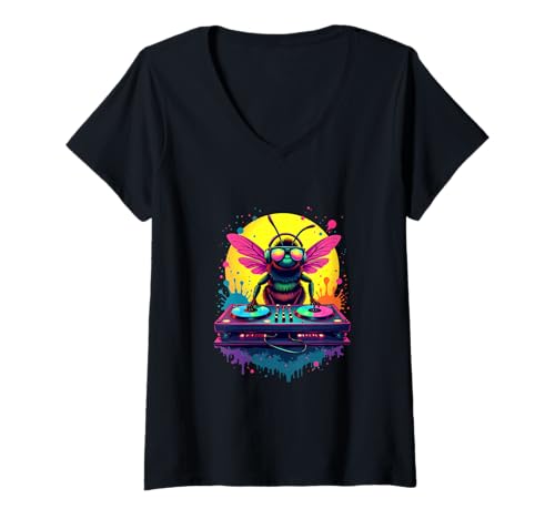 Damen DJ Bee Pop-Art-Stil im Retro-Stil T-Shirt mit V-Ausschnitt Damen DJ Bee Pop-Art-Stil im Retro-Stil T-Shirt mit V-Ausschnitt von Buzzing Beat Vibes