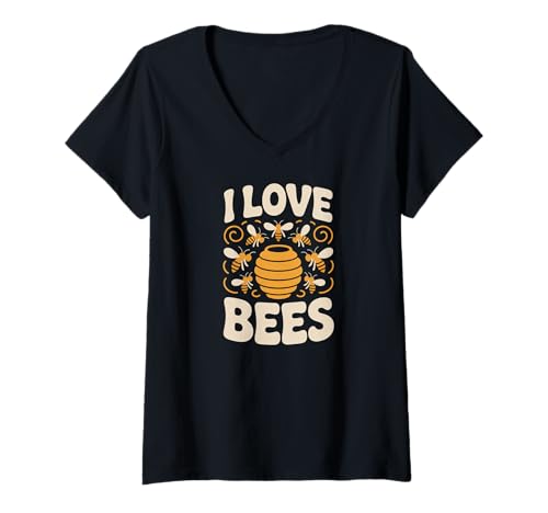 Damen Wabenmotiv „I Love Bees“ für Enthusiasten T-Shirt mit V-Ausschnitt von Buzzing Honeybee Enthusiast Design
