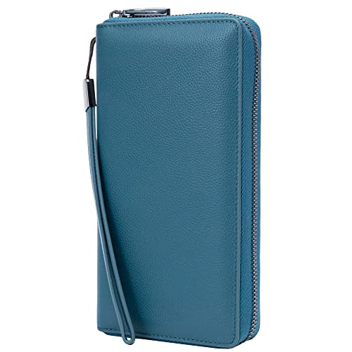 Portmonee Damen mit RFID Schutz Geldbeutel, Portemonnaie, Geldbörse, Brieftasche, Damengeldbeutel, Damengeldbörse lang groß viele fächer Leder Reissverschluss(See blau) von Bveyzi