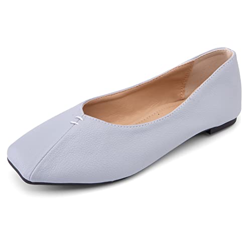Bviennic Arbeit Flats Damen Ohne Verschluss Square Toe Dolly Schuhe Ballerina Pantoffeln Komfort Buro Loafers Formal Hochzeit Prom Ballet Schuhe Grau-Blau Gr 38 Eu-39Cn von Bviennic