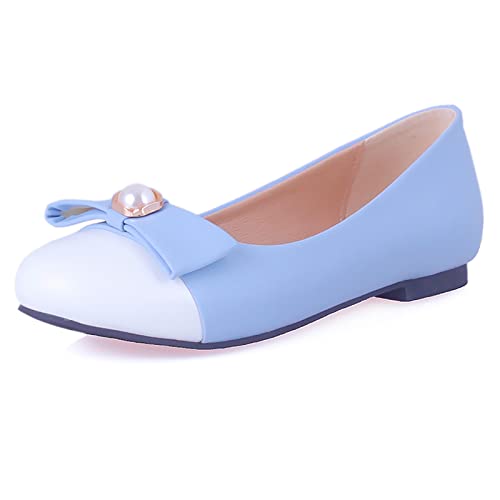Bviennic Bride Hochzeit Flats Damen Runde Zehen Ballerina Ballet Dolly Schuhe Bows Leisure Walking Comfy Damen Schule Prom Buro Loafers Bao-Blau Gr 37 Eu-38Cn von Bviennic