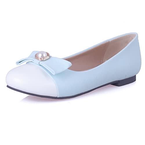 Bviennic Bride Hochzeit Flats Damen Runde Zehen Ballerina Ballet Dolly Schuhe Bows Leisure Walking Comfy Damen Schule Prom Buro Loafers Light-Blau Gr 41 Eu-43Cn von Bviennic