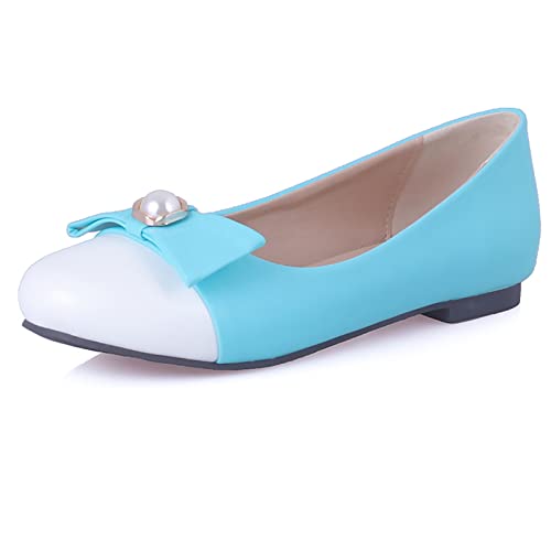 Bviennic Bride Hochzeit Flats Damen Runde Zehen Ballerina Ballet Dolly Schuhe Bows Leisure Walking Comfy Damen Schule Prom Buro Loafers Sky-Blau Gr 44 Eu-46Cn von Bviennic