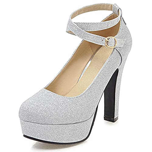 Bviennic Bride Hochzeit Glitzer Knöchelriemchen Höhe Ferse Pumps Runde Zehen Elegant Plateau Party Schuhe Blockabsatz Silber Gr 37 Eu-38Cn von Bviennic