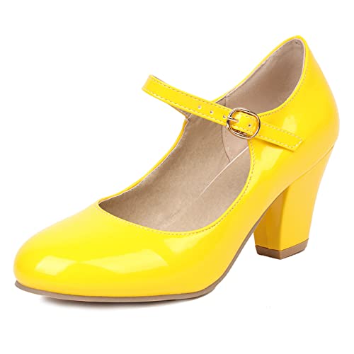 Bviennic Bride Lovely Mary Janes Closed Toe Lack Pumps Sommer Hochzeit Elegant Knöchelriemchen Damen Blockabsatz Kleid Prom Schuhe Gelb Gr 45 Eu-47Cn von Bviennic
