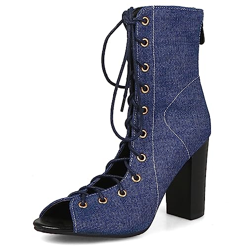 Bviennic Daherren Denim Peep Toe Slingback Gladiator Boots Sommer Leisure Draußen Schnüren Strappy Mode Ankle Stiefeletten Dark-Blau Gr 46 EU-48Cn von Bviennic