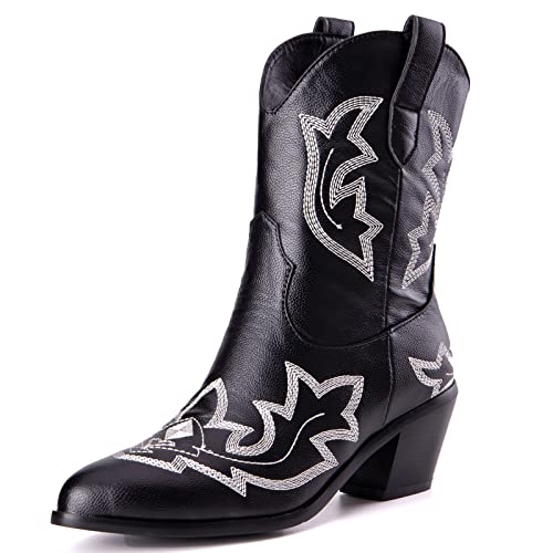 Bviennic Daherren Halbschaft Embroiderot Cowboystiefel Winter Vintage Blockabsatz Pointed Toe Leisure Ohne Verschluss Western Stiefeletten Schwarz Gr 52 EU-54Cn von Bviennic