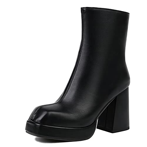 Bviennic Daherren Herren Blockabsatz Square Toe Chelsea Stiefel Winter Mode Square Toe Kleid Plateau Stiefeletten Seitenreißverschluss Schwarz Gr 44 EU-46Cn von Bviennic