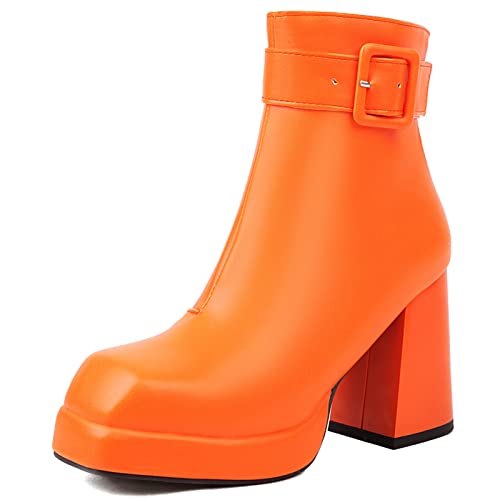 Bviennic Daherren Herren Blockabsatz Square Toe Stiefeletten Komfort Winter Weit Fit Party Plateau Chelsea Stiefel Seitenreißverschluss Orange Gr 41 EU-43Cn von Bviennic