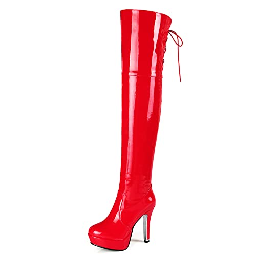 Bviennic Daherren Herren Overknees Lack Boots Stiletto Runde Zehen Mode Plateau Lange Stiefel Mit Reißverschluss Rot Gr 44 EU-46Cn von Bviennic