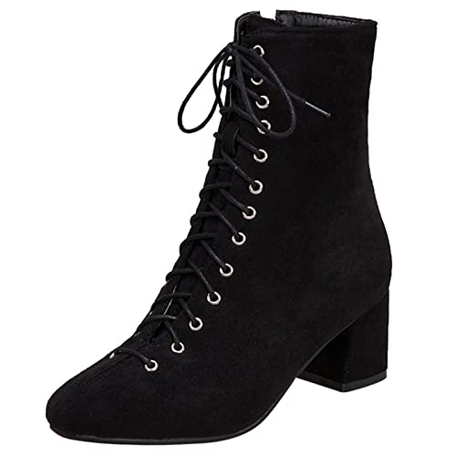 Bviennic Daherren Leisure Schnüren Mode Chukka Stiefeletten Reißverschluss Square Toe Komfort Winter Military Motorradstiefel Block Mitte Absatz Schwarz Gr 38 EU-39Cn von Bviennic