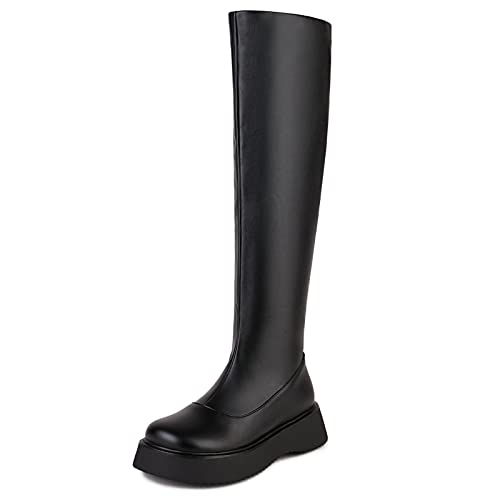 Bviennic Daherren Mode Knee Stretch Stiefel Plateau Leisure Komfort Runde Zehen Flach Reitstiefel Mit Reißverschluss Schwarz Gr 41 EU-43Cn von Bviennic