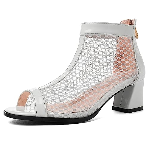 Bviennic Daherren Mode Peep Toe Mesh Stiefeletten Sommer Block Mitte Absatz Hochzeit Atmungsaktiv Reißverschluss Hollow Out Sandalen Schuhe Weiß Gr 47 EU-49Cn von Bviennic